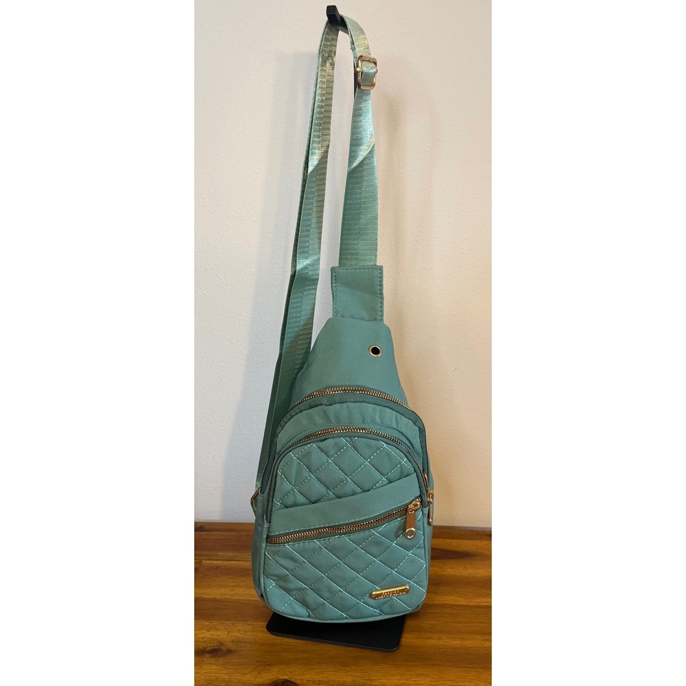 Green Quilted Nylon Sling Bag Crossbody Backpack Gold Hardware NWOT